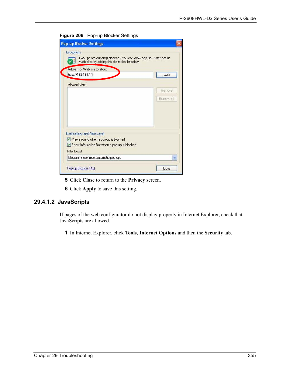 2 javascripts, Figure 206 pop-up blocker settings | ZyXEL Communications P-2608HWL-Dx Series User Manual | Page 355 / 451