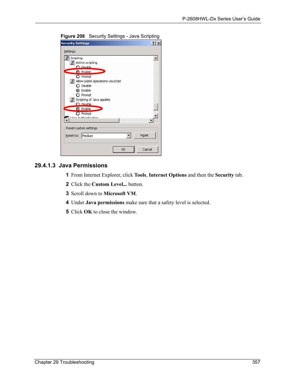 3 java permissions, Figure 208 security settings - java scripting | ZyXEL Communications P-2608HWL-Dx Series User Manual | Page 357 / 451