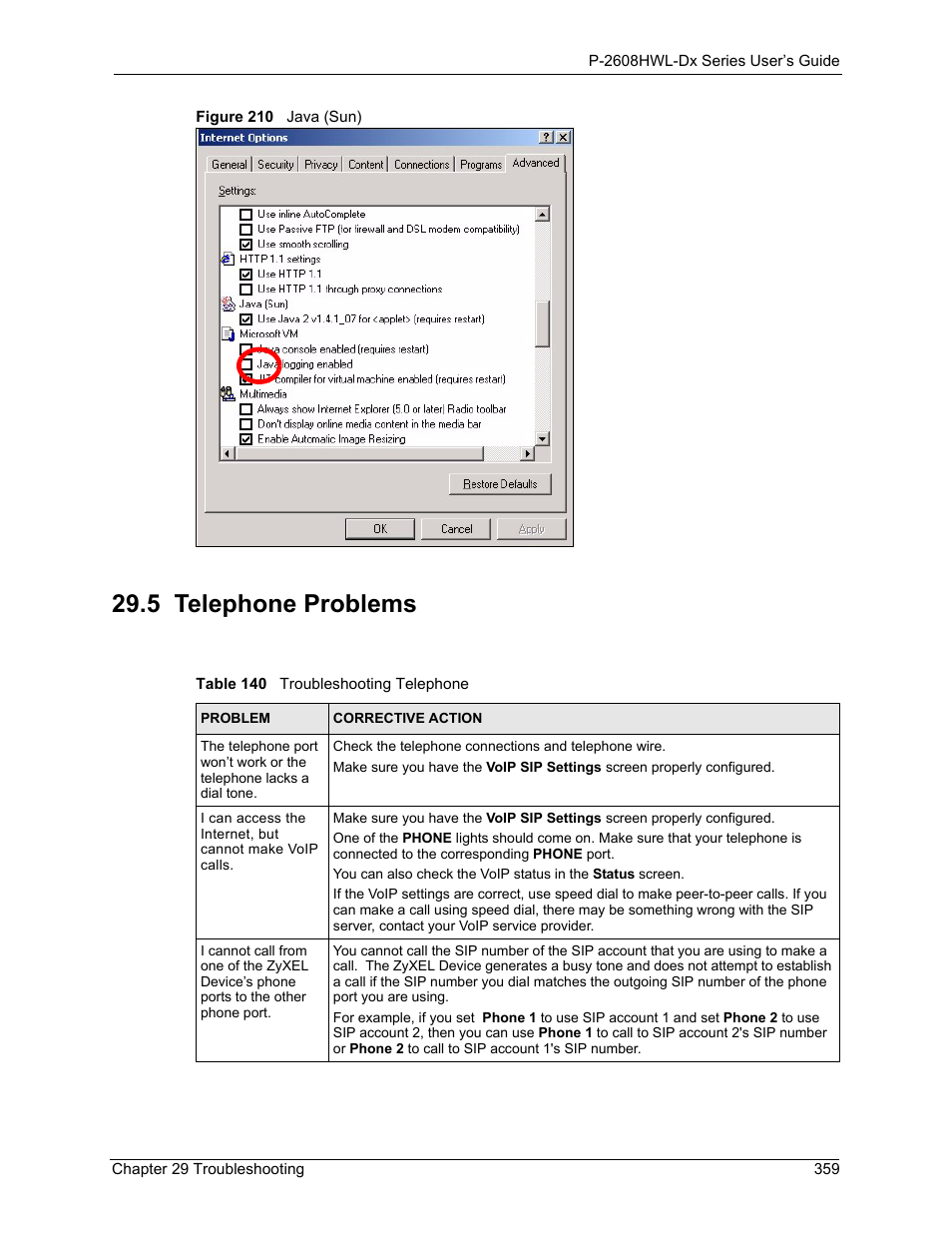 5 telephone problems, Figure 210 java (sun), Table 140 troubleshooting telephone | ZyXEL Communications P-2608HWL-Dx Series User Manual | Page 359 / 451
