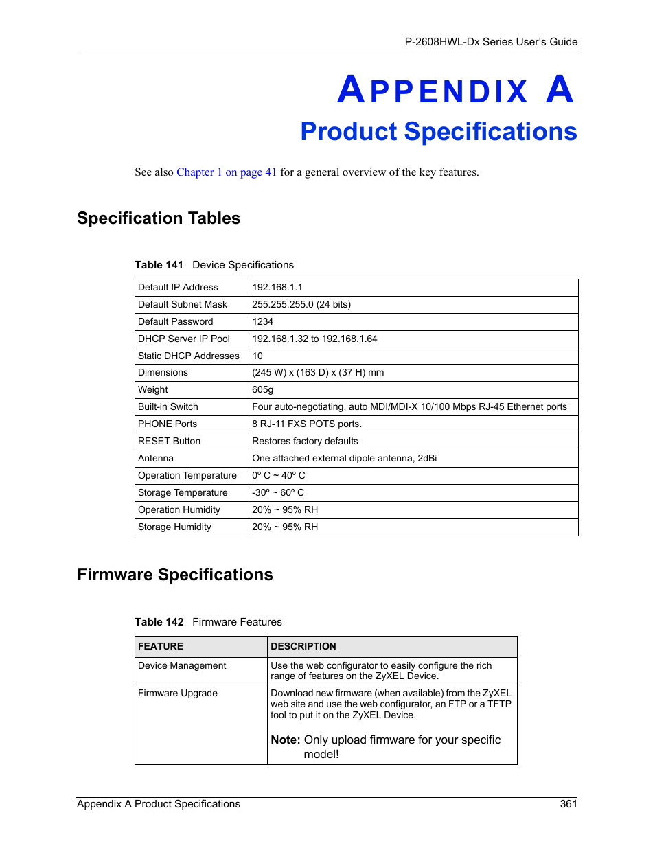 Product specifications, Appendix a product specifications, Specification tables firmware specifications | ZyXEL Communications P-2608HWL-Dx Series User Manual | Page 361 / 451