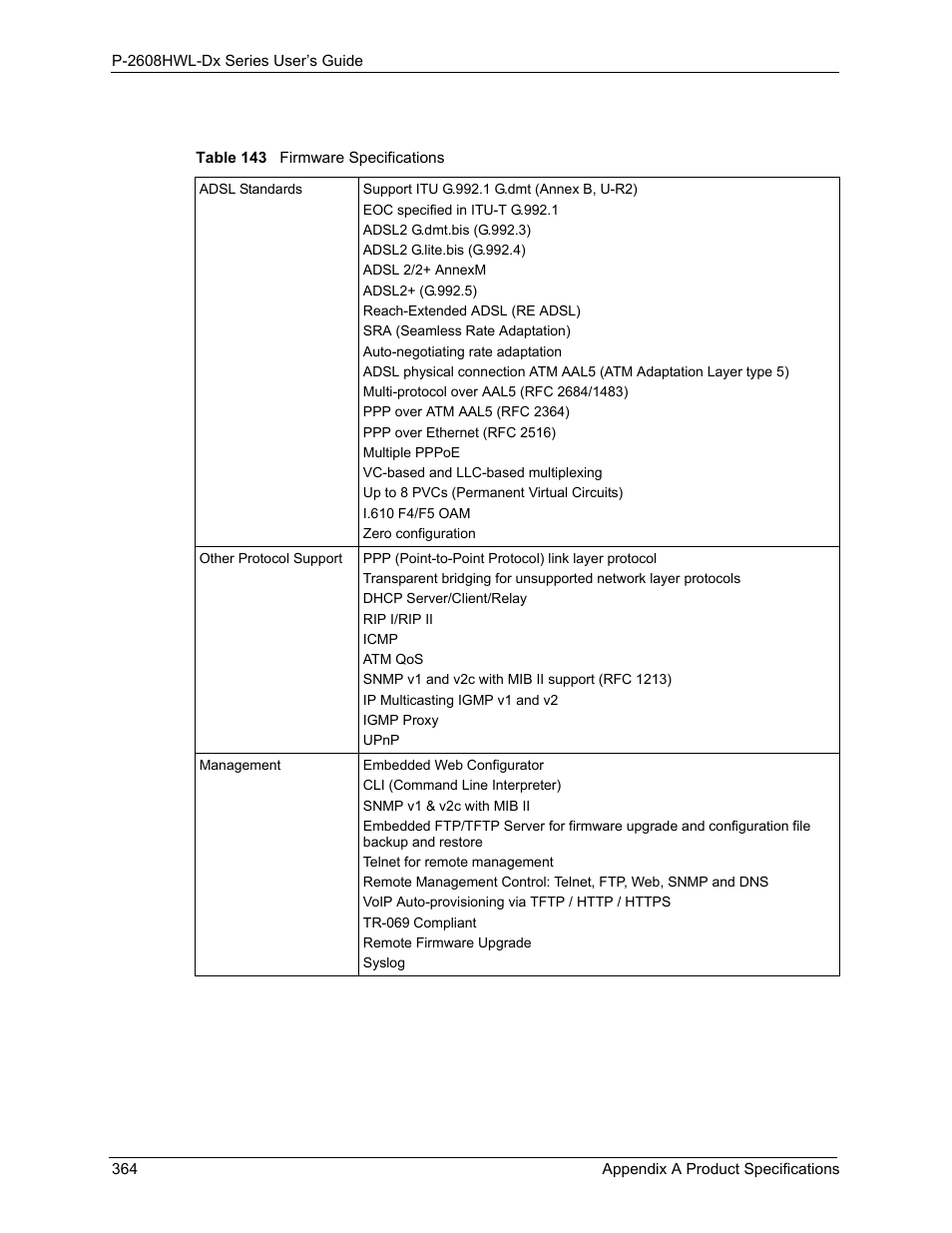 Table 143 firmware specifications | ZyXEL Communications P-2608HWL-Dx Series User Manual | Page 364 / 451