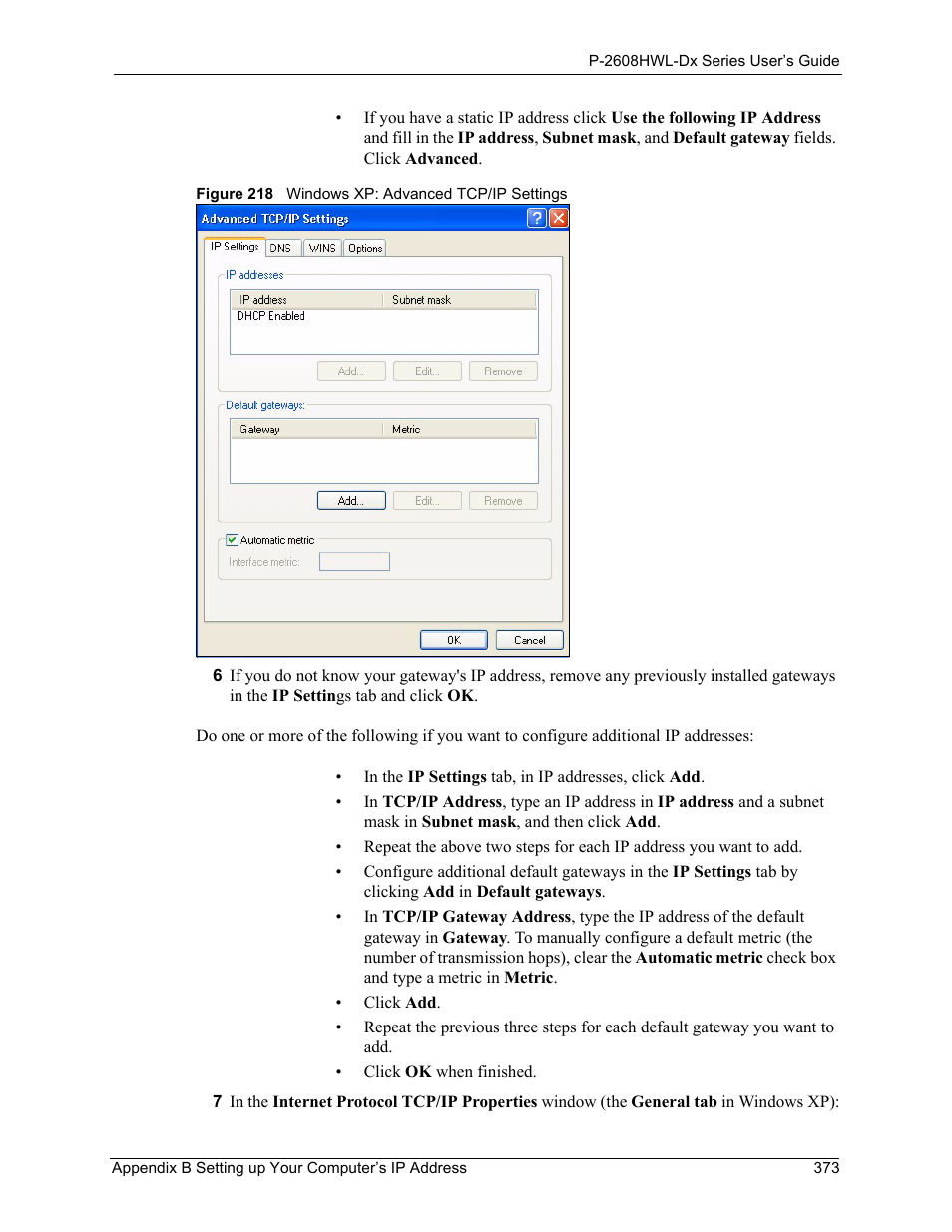 Figure 218 windows xp: advanced tcp/ip settings | ZyXEL Communications P-2608HWL-Dx Series User Manual | Page 373 / 451