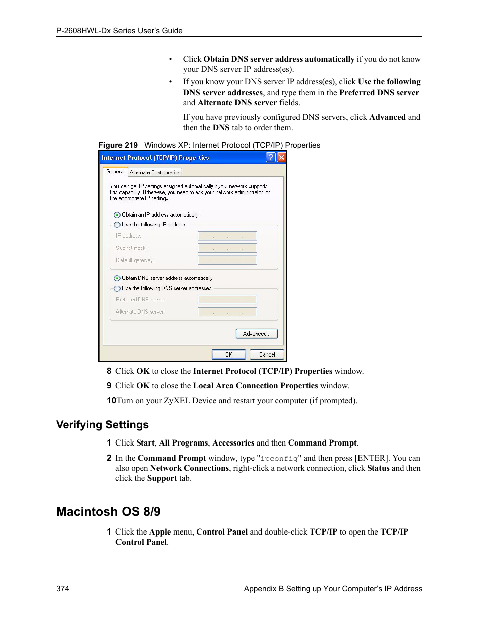 Verifying settings, Macintosh os 8/9 | ZyXEL Communications P-2608HWL-Dx Series User Manual | Page 374 / 451