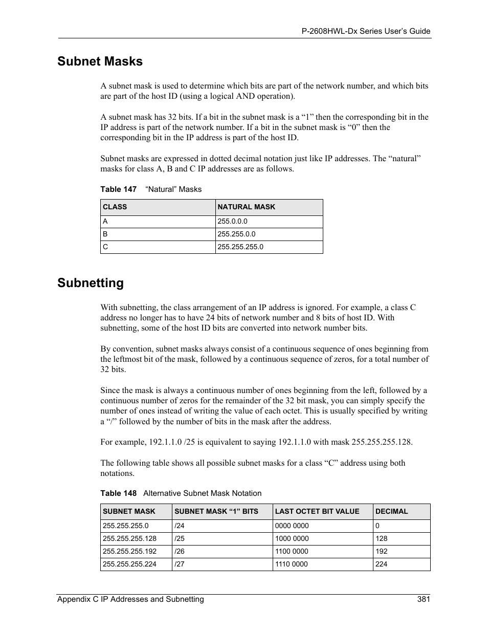 Subnet masks subnetting, Subnet masks, Subnetting | ZyXEL Communications P-2608HWL-Dx Series User Manual | Page 381 / 451