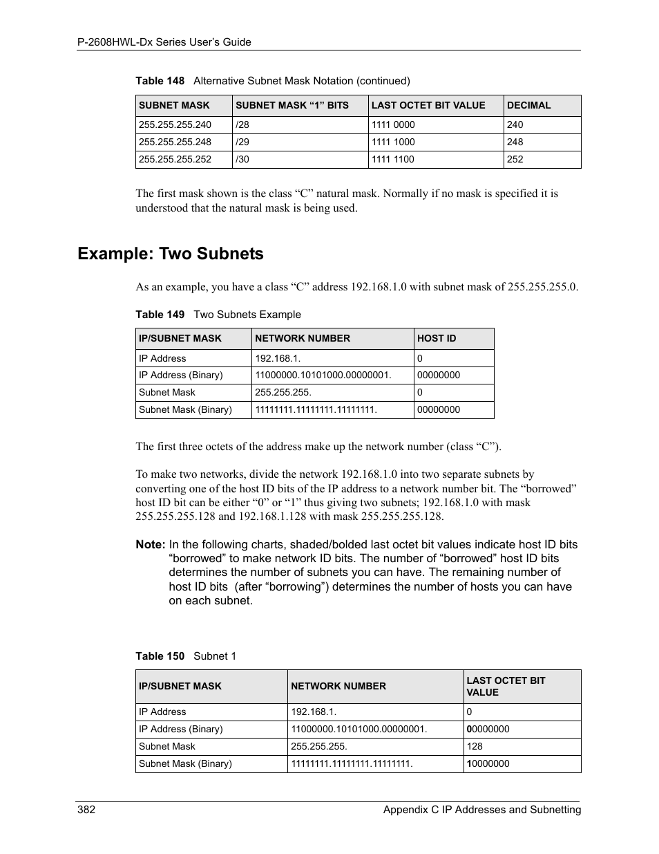 Example: two subnets, Table 149 two subnets example table 150 subnet 1 | ZyXEL Communications P-2608HWL-Dx Series User Manual | Page 382 / 451