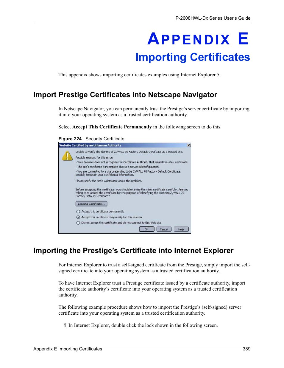 Importing certificates, Appendix e importing certificates, Figure 224 security certificate | ZyXEL Communications P-2608HWL-Dx Series User Manual | Page 389 / 451