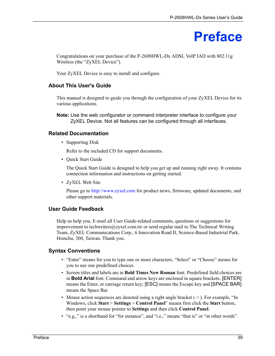 Preface | ZyXEL Communications P-2608HWL-Dx Series User Manual | Page 39 / 451