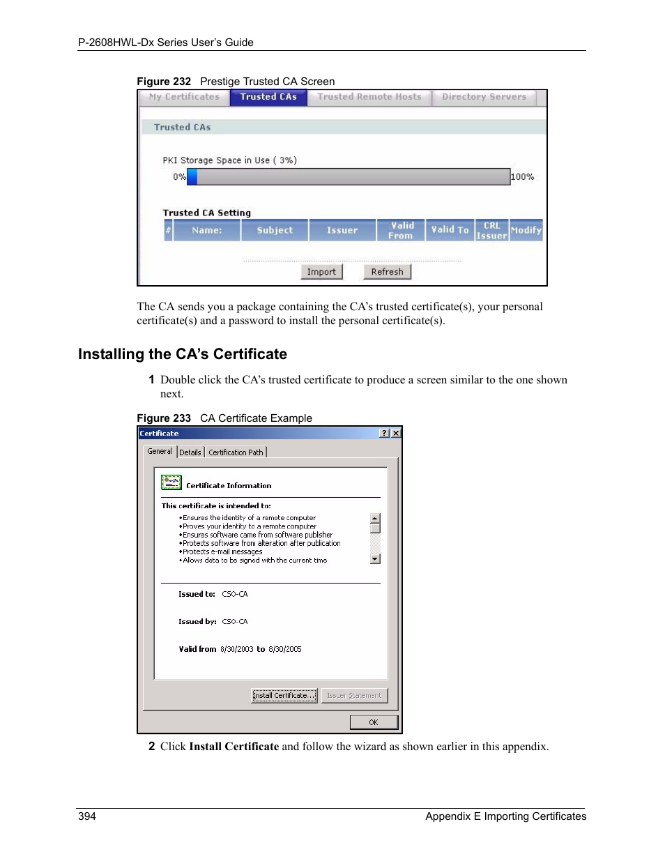 Installing the ca’s certificate | ZyXEL Communications P-2608HWL-Dx Series User Manual | Page 394 / 451