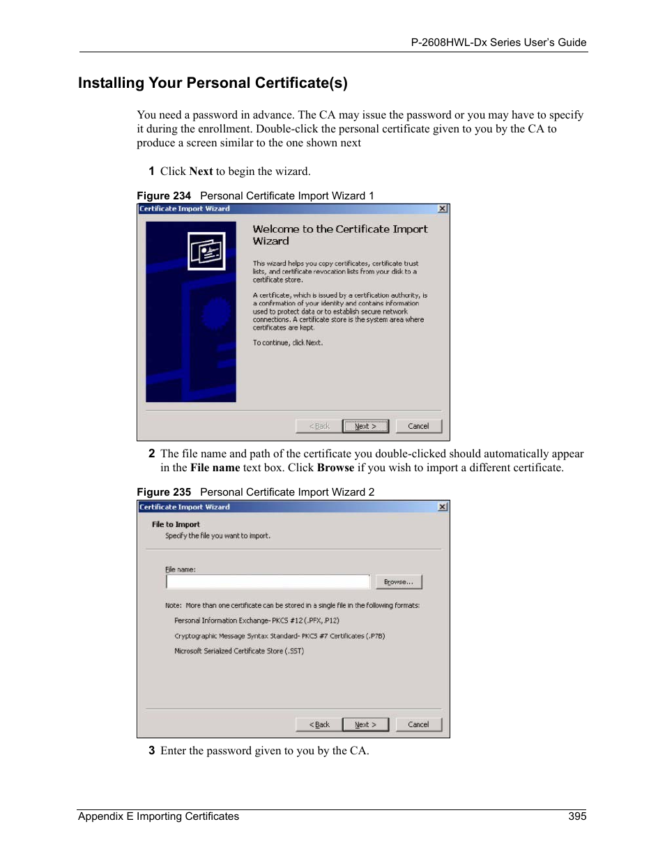 Installing your personal certificate(s) | ZyXEL Communications P-2608HWL-Dx Series User Manual | Page 395 / 451
