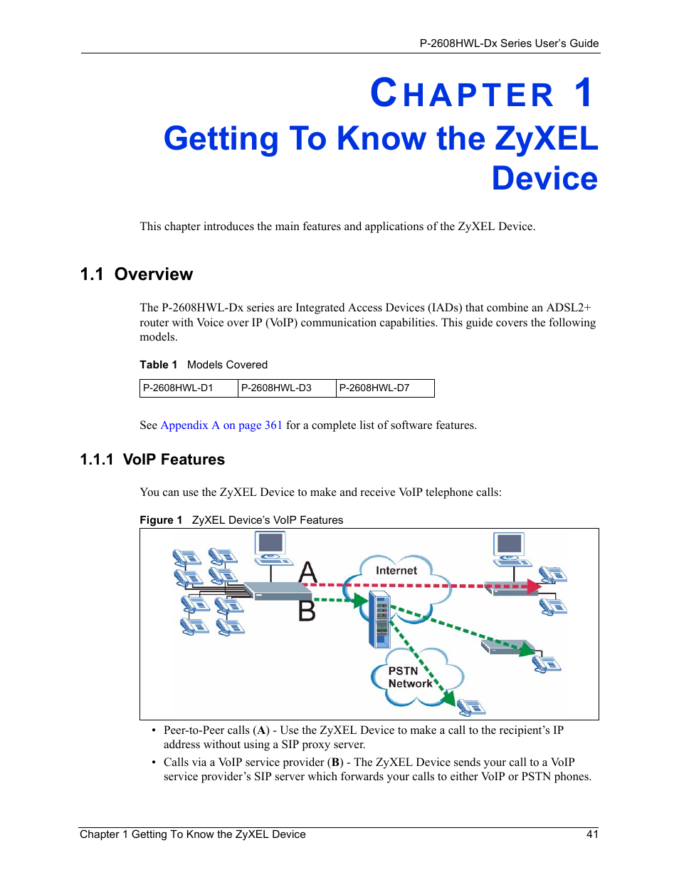 Getting to know the zyxel device, 1 overview, 1 voip features | Chapter 1 getting to know the zyxel device, Figure 1 zyxel device’s voip features, Table 1 models covered | ZyXEL Communications P-2608HWL-Dx Series User Manual | Page 41 / 451
