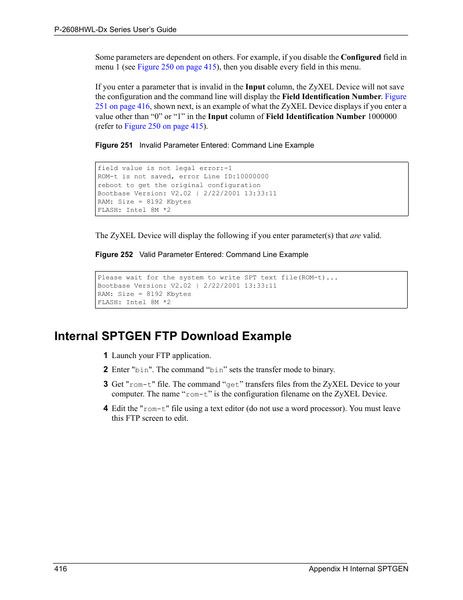 Internal sptgen ftp download example | ZyXEL Communications P-2608HWL-Dx Series User Manual | Page 416 / 451