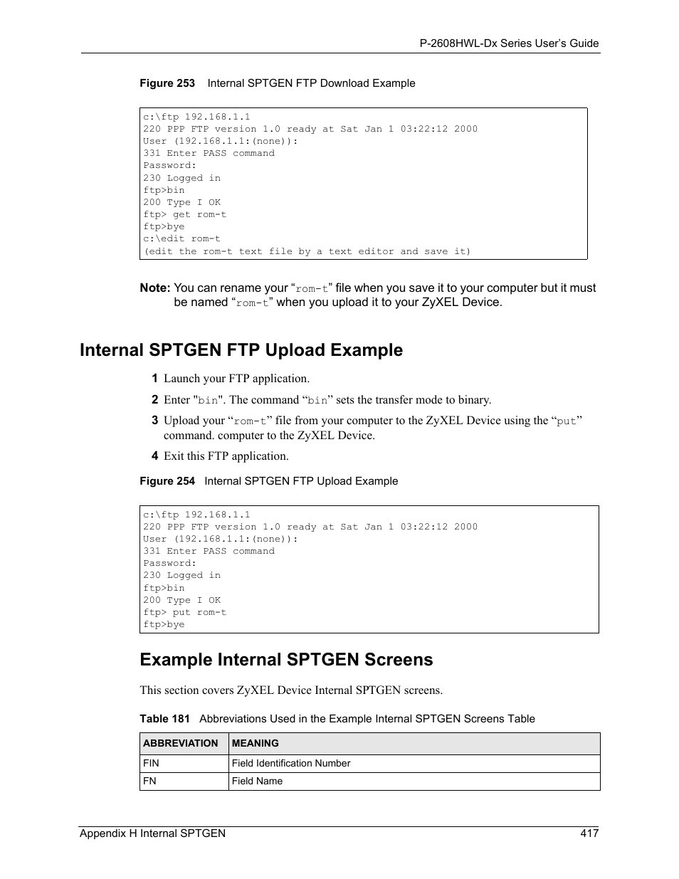 Internal sptgen ftp upload example, Example internal sptgen screens | ZyXEL Communications P-2608HWL-Dx Series User Manual | Page 417 / 451