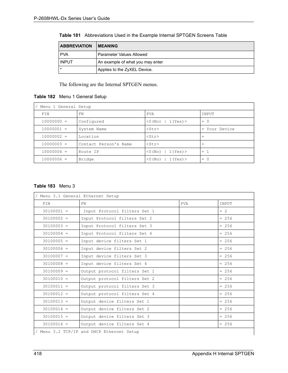 Table 182 menu 1 general setup table 183 menu 3 | ZyXEL Communications P-2608HWL-Dx Series User Manual | Page 418 / 451