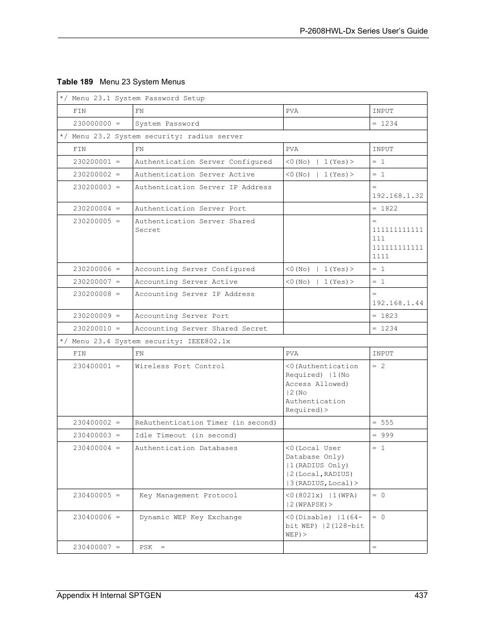 Table 189 menu 23 system menus | ZyXEL Communications P-2608HWL-Dx Series User Manual | Page 437 / 451