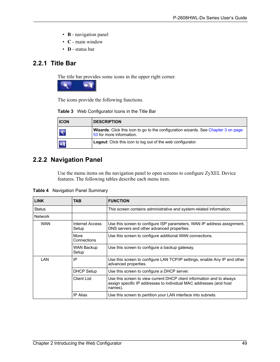 1 title bar, 2 navigation panel, 1 title bar 2.2.2 navigation panel | ZyXEL Communications P-2608HWL-Dx Series User Manual | Page 49 / 451