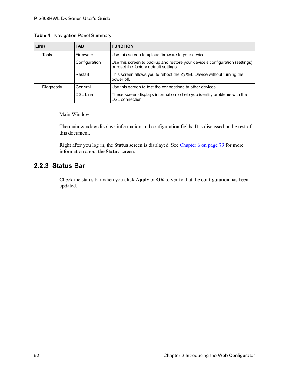 3 status bar | ZyXEL Communications P-2608HWL-Dx Series User Manual | Page 52 / 451