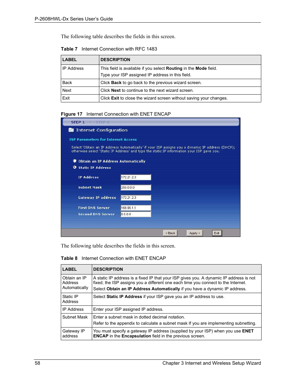 Figure 17 internet connection with enet encap | ZyXEL Communications P-2608HWL-Dx Series User Manual | Page 58 / 451