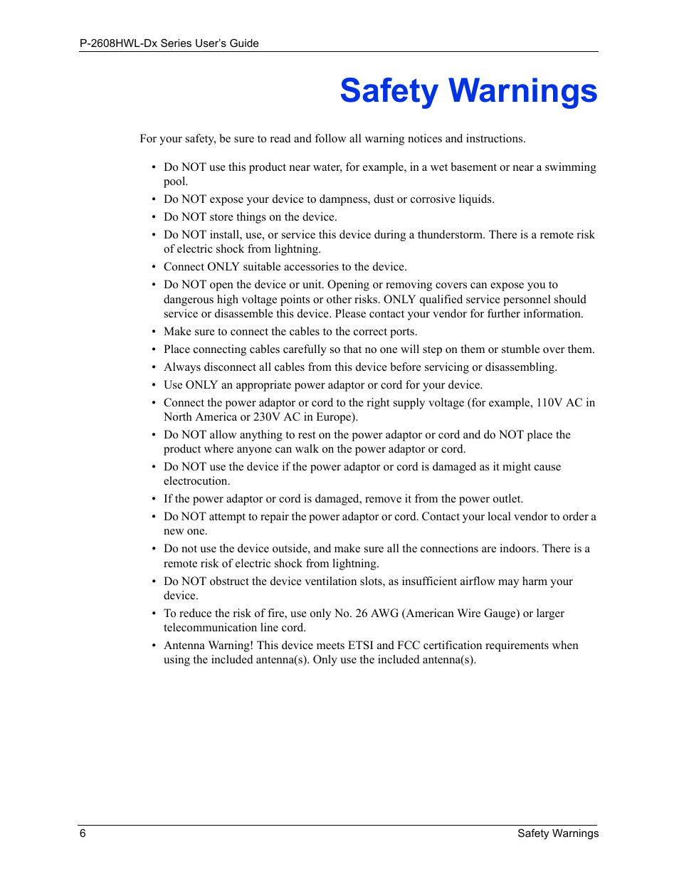 Safety warnings | ZyXEL Communications P-2608HWL-Dx Series User Manual | Page 6 / 451