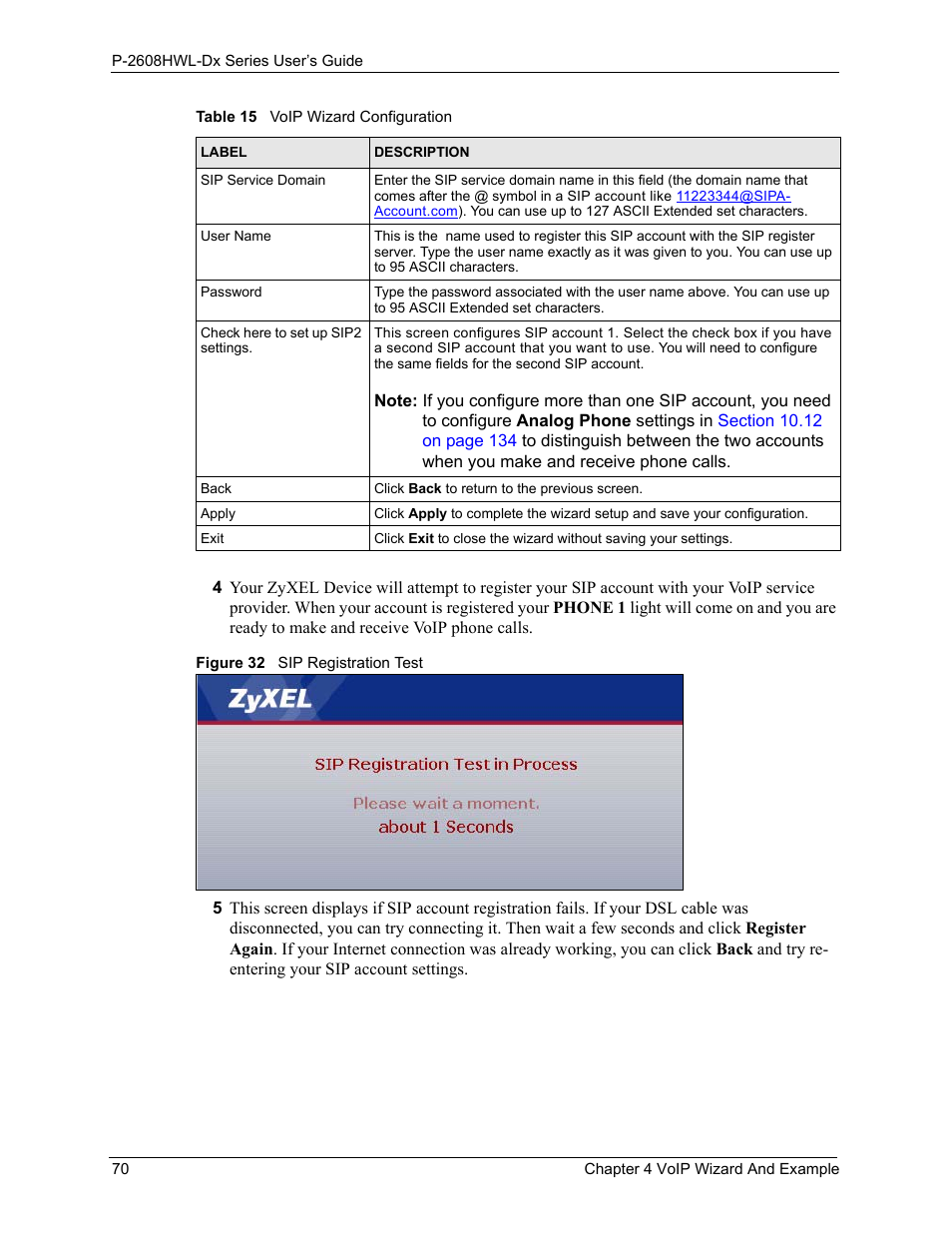 Figure 32 sip registration test | ZyXEL Communications P-2608HWL-Dx Series User Manual | Page 70 / 451