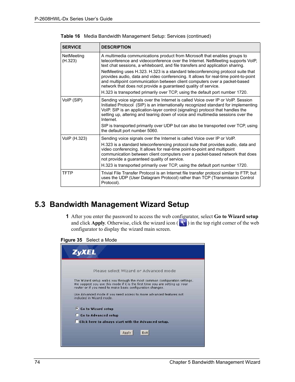 3 bandwidth management wizard setup, Figure 35 select a mode | ZyXEL Communications P-2608HWL-Dx Series User Manual | Page 74 / 451
