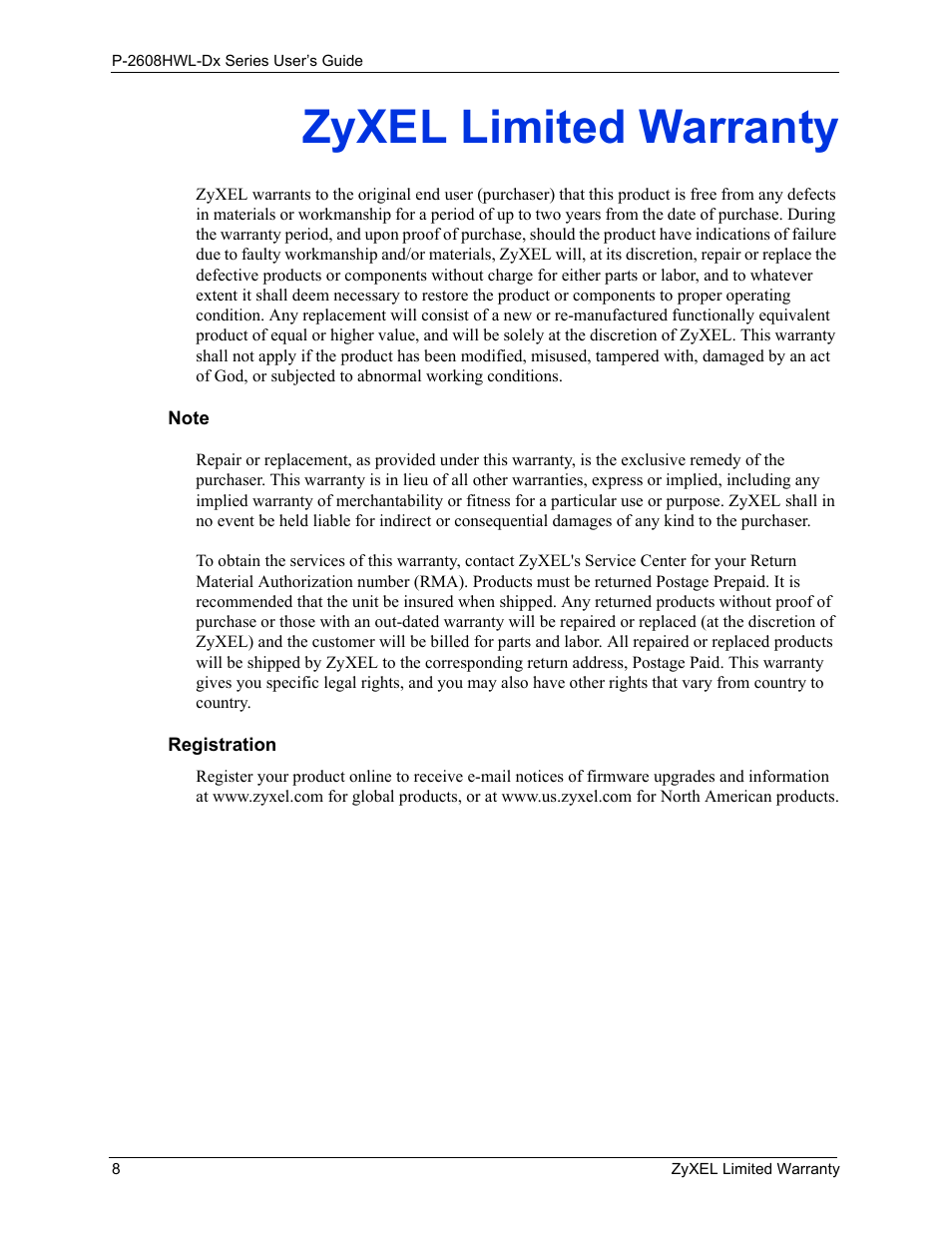 Zyxel limited warranty | ZyXEL Communications P-2608HWL-Dx Series User Manual | Page 8 / 451