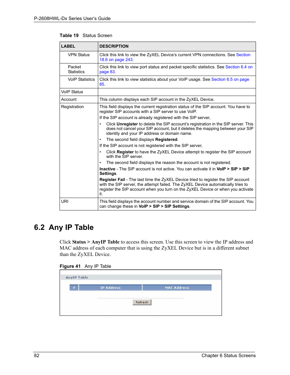 2 any ip table, Figure 41 any ip table | ZyXEL Communications P-2608HWL-Dx Series User Manual | Page 82 / 451