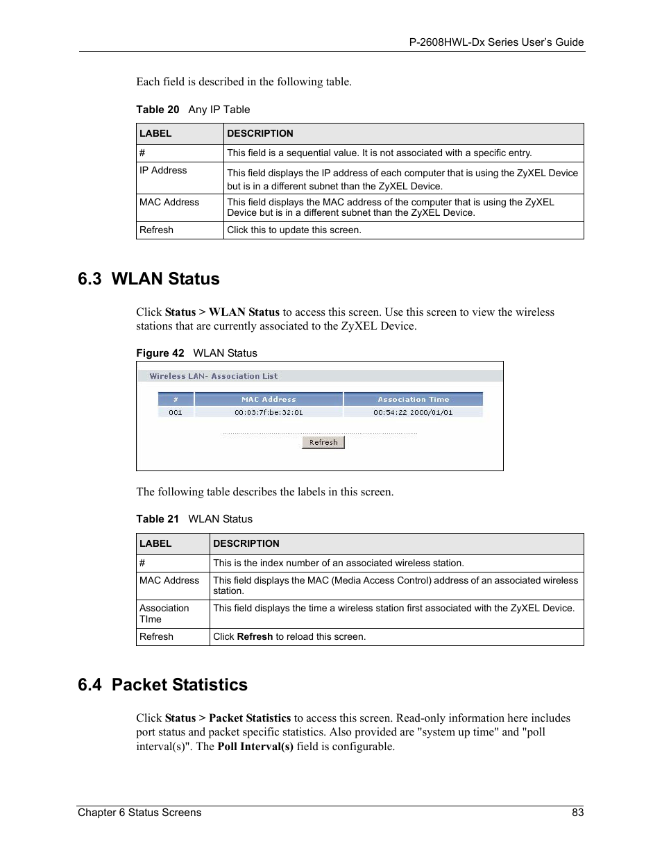 3 wlan status, 4 packet statistics, 3 wlan status 6.4 packet statistics | Figure 42 wlan status, Table 20 any ip table table 21 wlan status, Section 6.4 on | ZyXEL Communications P-2608HWL-Dx Series User Manual | Page 83 / 451