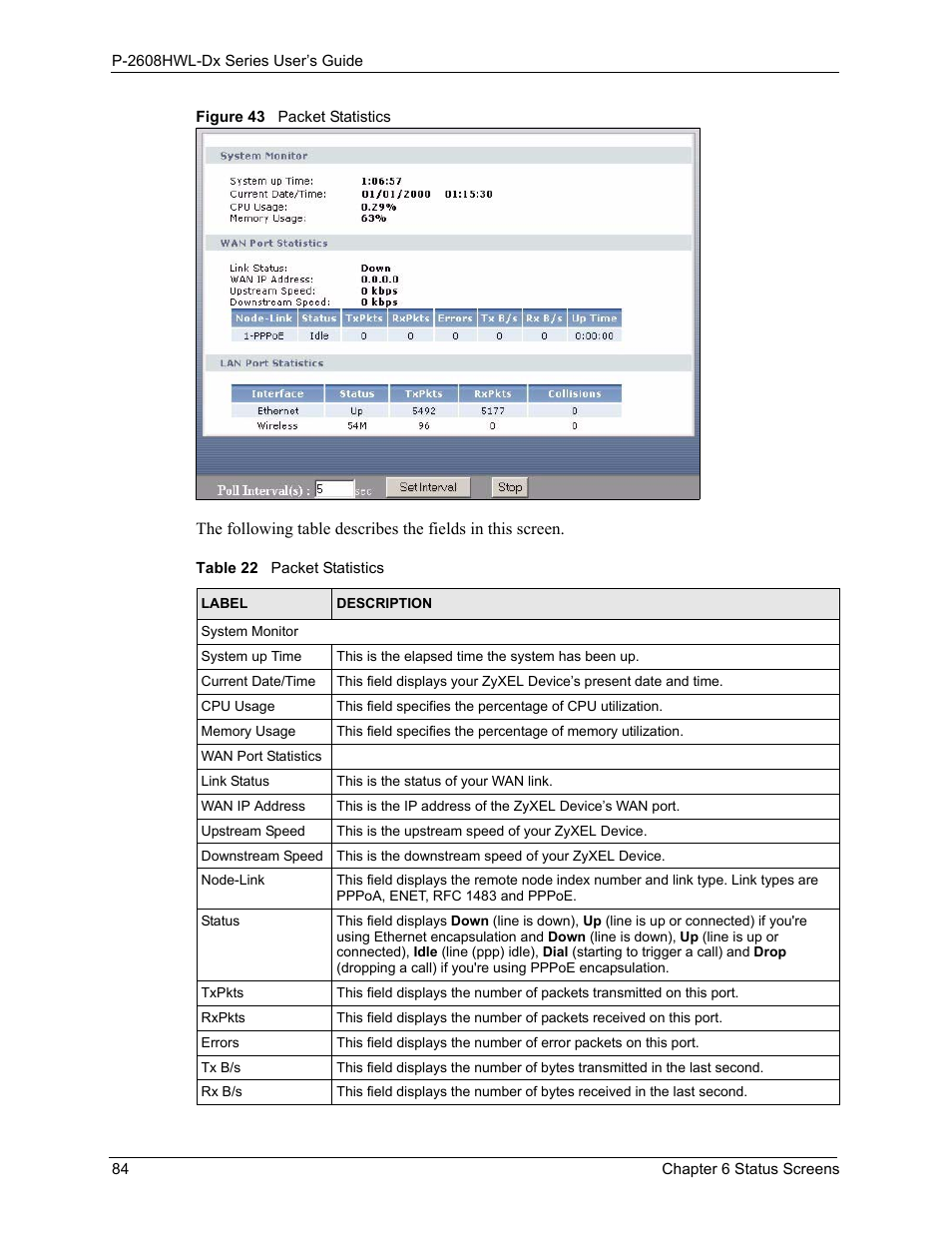 Figure 43 packet statistics, Table 22 packet statistics | ZyXEL Communications P-2608HWL-Dx Series User Manual | Page 84 / 451