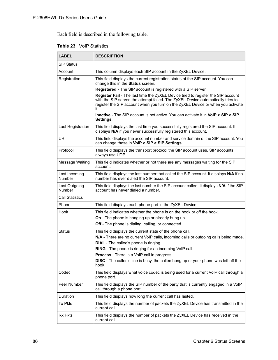 Table 23 voip statistics | ZyXEL Communications P-2608HWL-Dx Series User Manual | Page 86 / 451