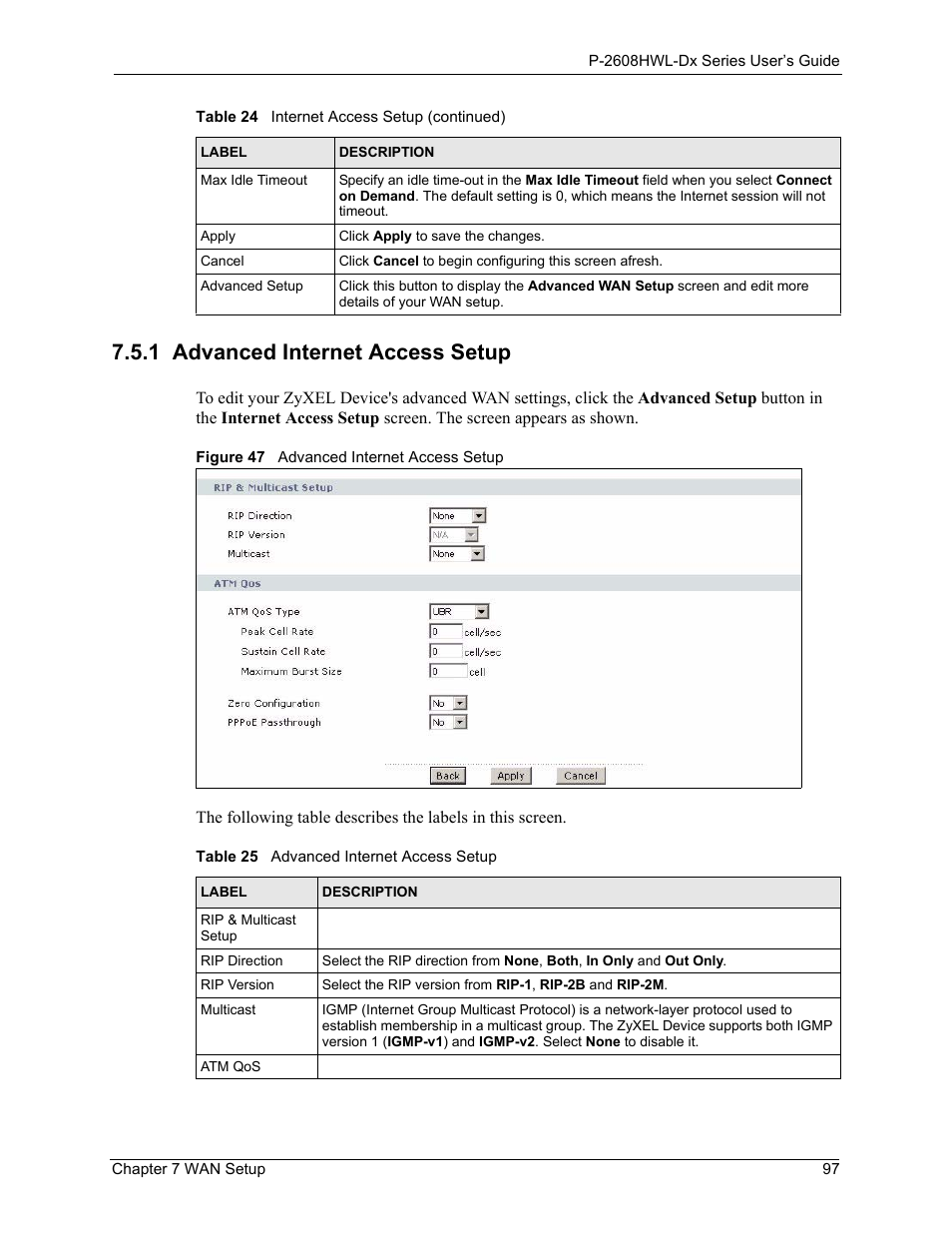 1 advanced internet access setup, Figure 47 advanced internet access setup, Table 25 advanced internet access setup | ZyXEL Communications P-2608HWL-Dx Series User Manual | Page 97 / 451