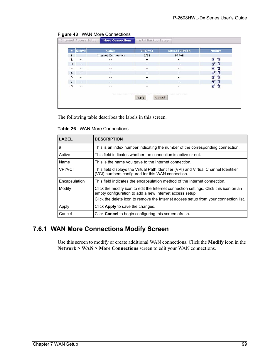 1 wan more connections modify screen, Figure 48 wan more connections, Table 26 wan more connections | ZyXEL Communications P-2608HWL-Dx Series User Manual | Page 99 / 451