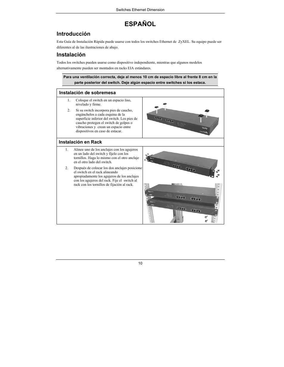 Español, Introducción, Instalación | ZyXEL Communications Dimension Ethernet Switches User Manual | Page 11 / 22