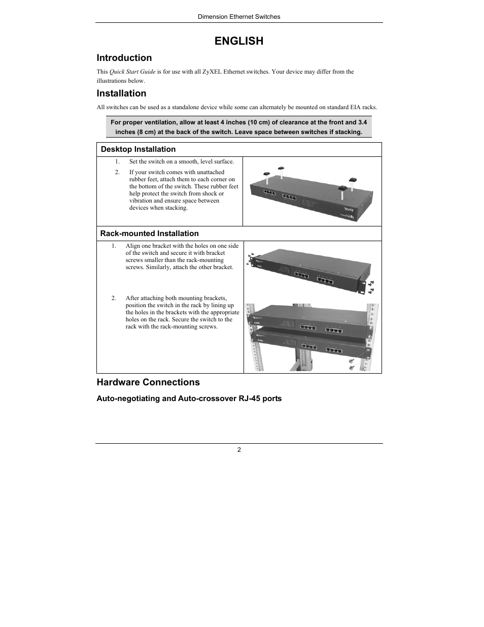 English, Introduction, Installation | Hardware connections | ZyXEL Communications Dimension Ethernet Switches User Manual | Page 3 / 22
