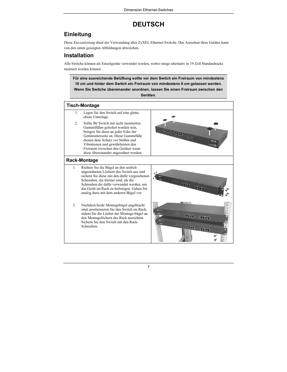 Deutsch, Einleitung, Installation | ZyXEL Communications Dimension Ethernet Switches User Manual | Page 8 / 22