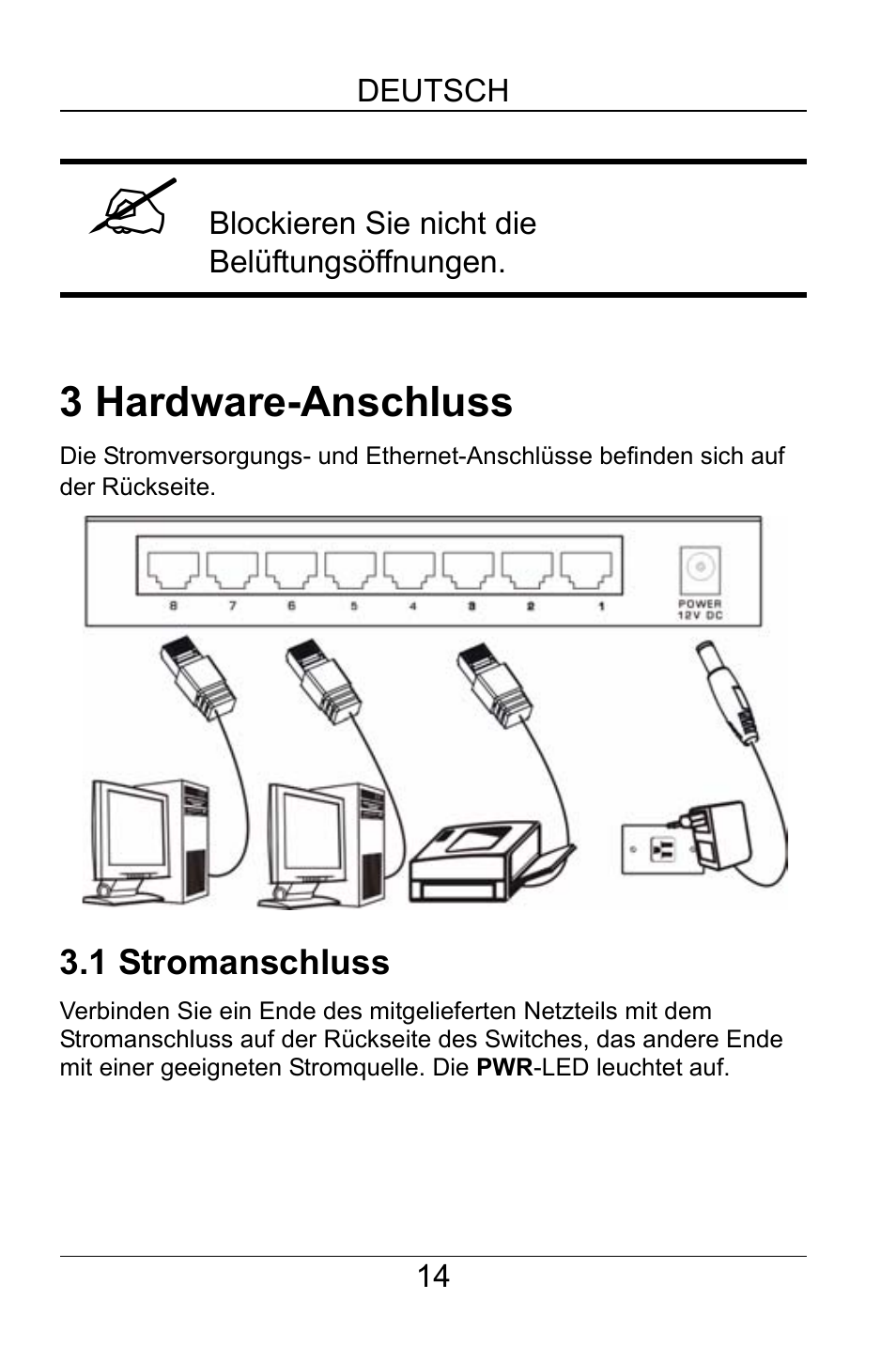3 hardware-anschluss, 1 stromanschluss | ZyXEL Communications GS-105A/108A User Manual | Page 15 / 46