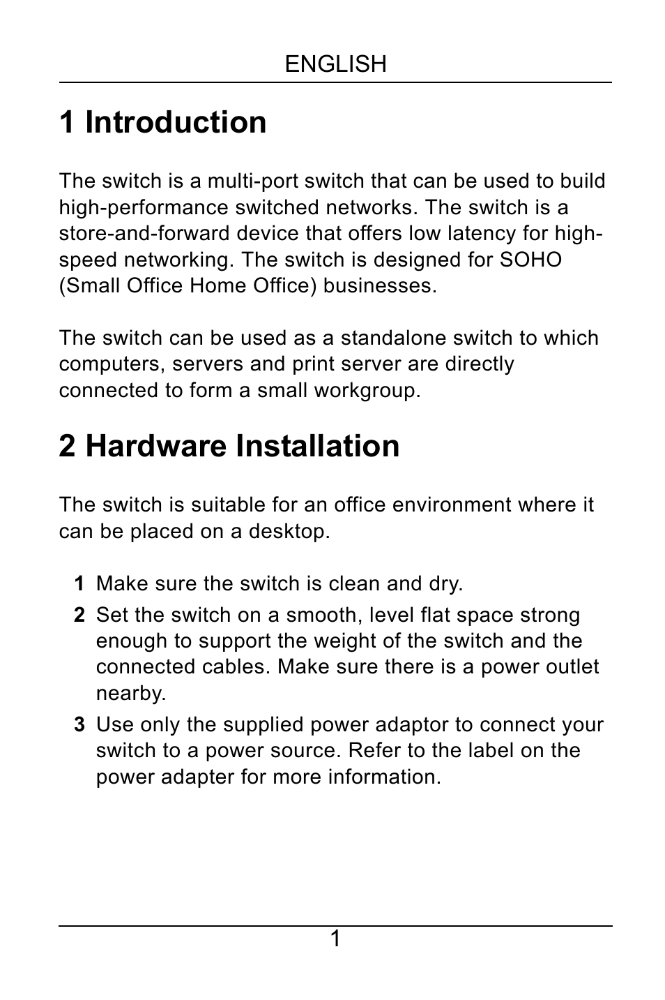 English, 1 introduction, 2 hardware installation | ZyXEL Communications GS-105A/108A User Manual | Page 2 / 46