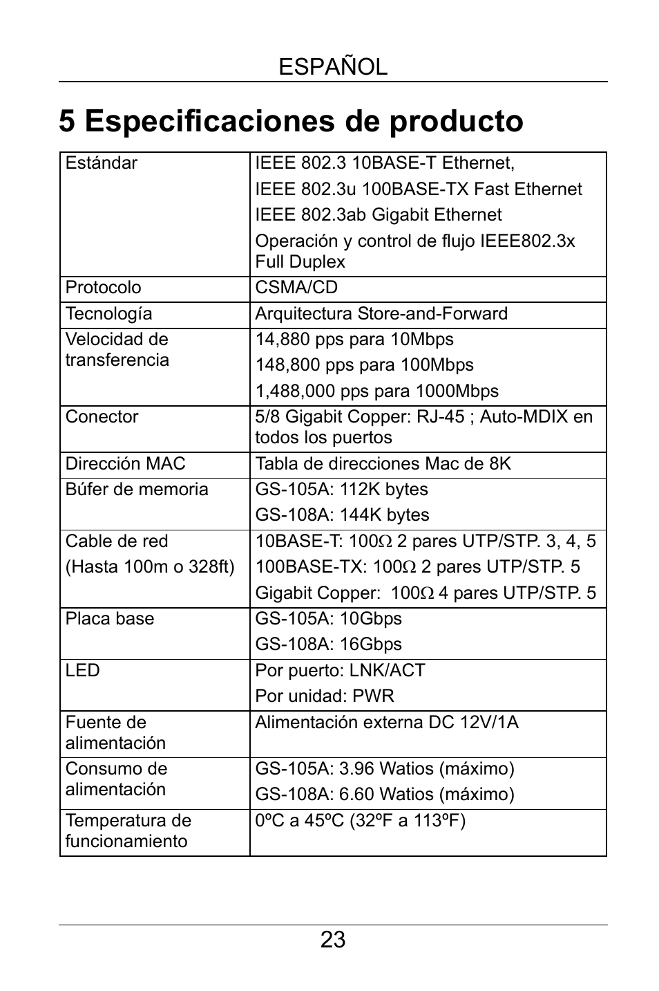 5 especificaciones de producto, Español 23 | ZyXEL Communications GS-105A/108A User Manual | Page 24 / 46