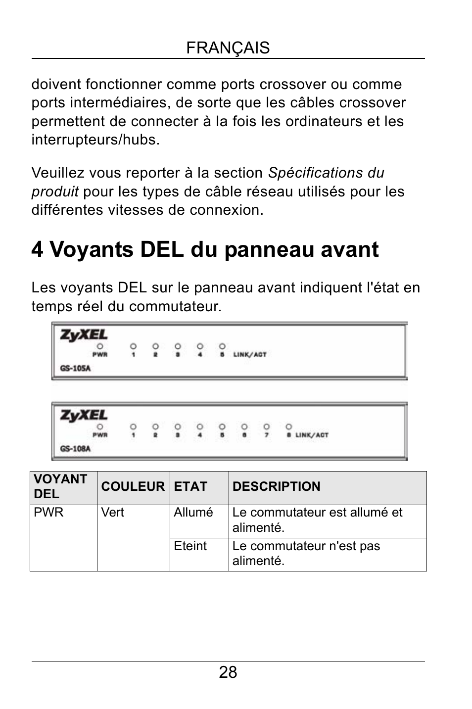 4 voyants del du panneau avant, 28 français | ZyXEL Communications GS-105A/108A User Manual | Page 29 / 46