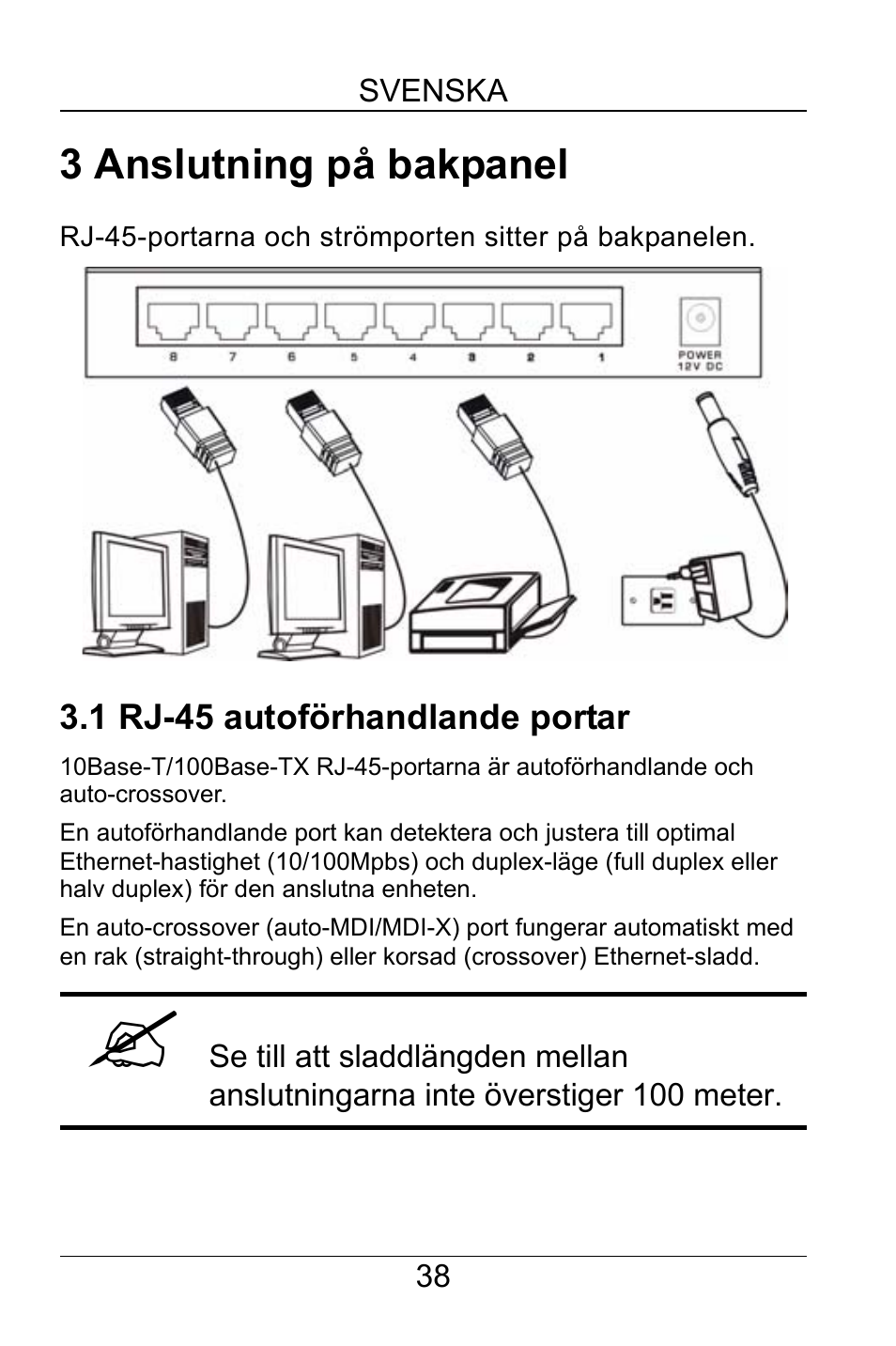 3 anslutning på bakpanel, 1 rj-45 autoförhandlande portar | ZyXEL Communications GS-105A/108A User Manual | Page 39 / 46