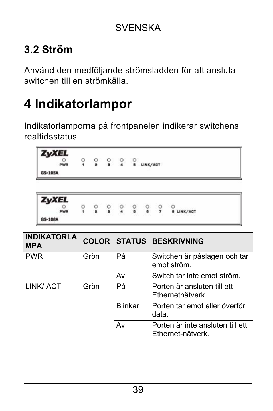 2 ström, 4 indikatorlampor, Svenska 39 | ZyXEL Communications GS-105A/108A User Manual | Page 40 / 46
