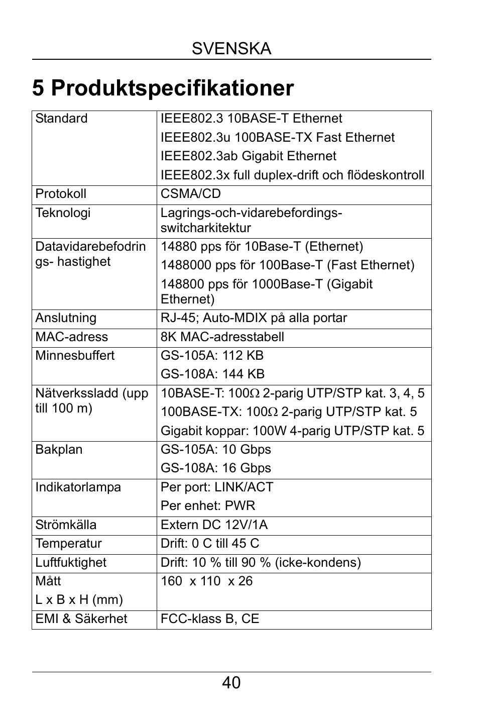 5 produktspecifikationer, 40 svenska | ZyXEL Communications GS-105A/108A User Manual | Page 41 / 46