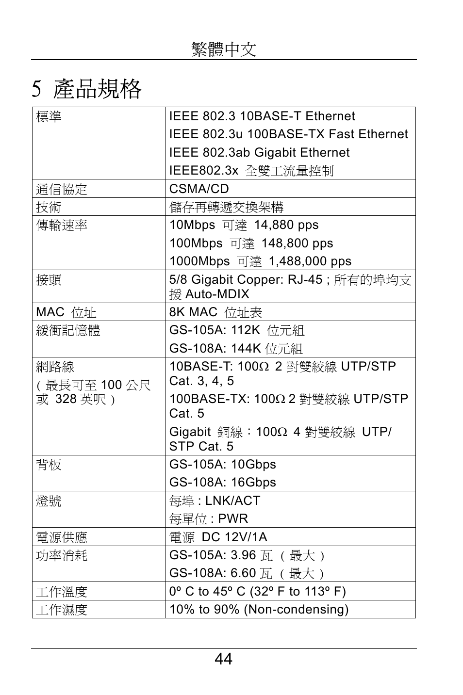 5 產品規格, 44 繁體中文 | ZyXEL Communications GS-105A/108A User Manual | Page 45 / 46