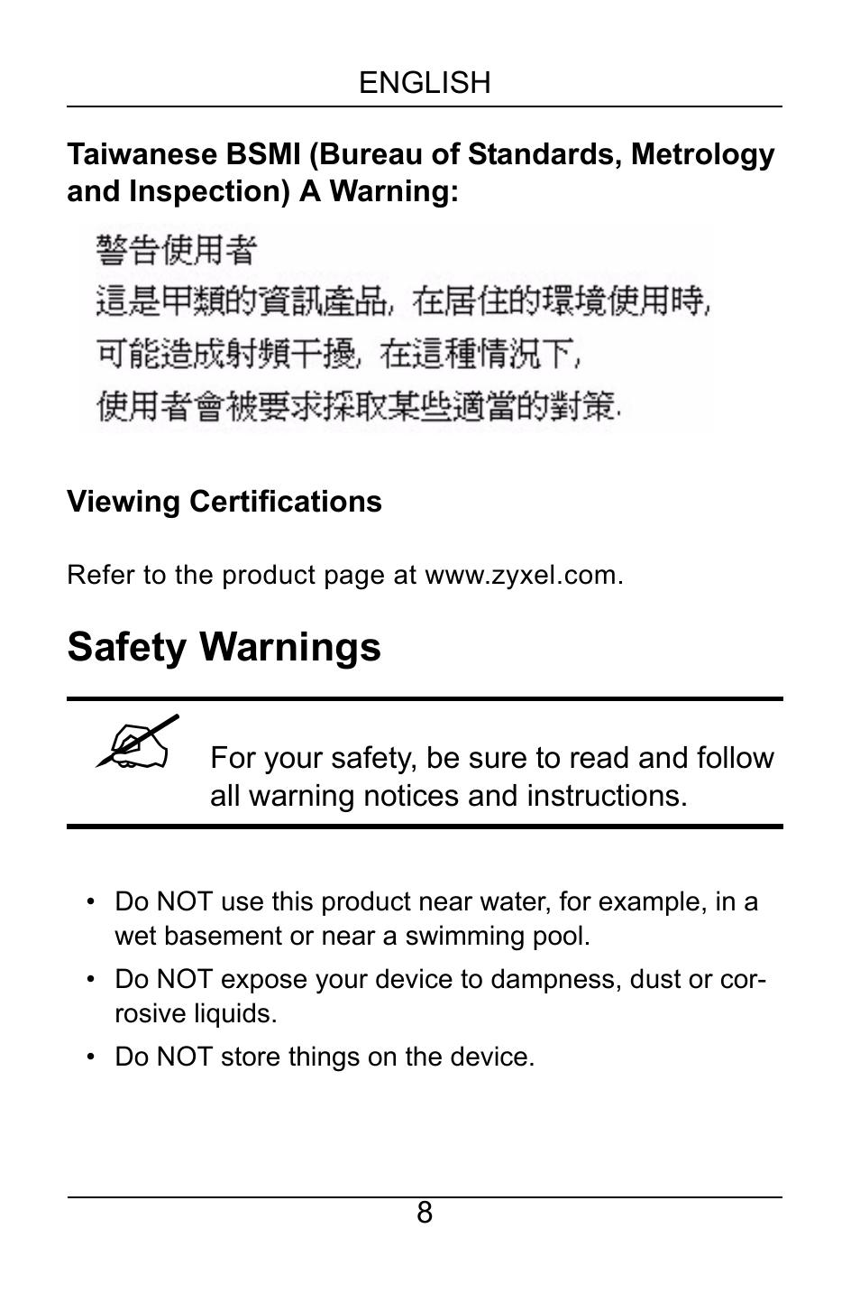 Safety warnings | ZyXEL Communications GS-105A/108A User Manual | Page 9 / 46