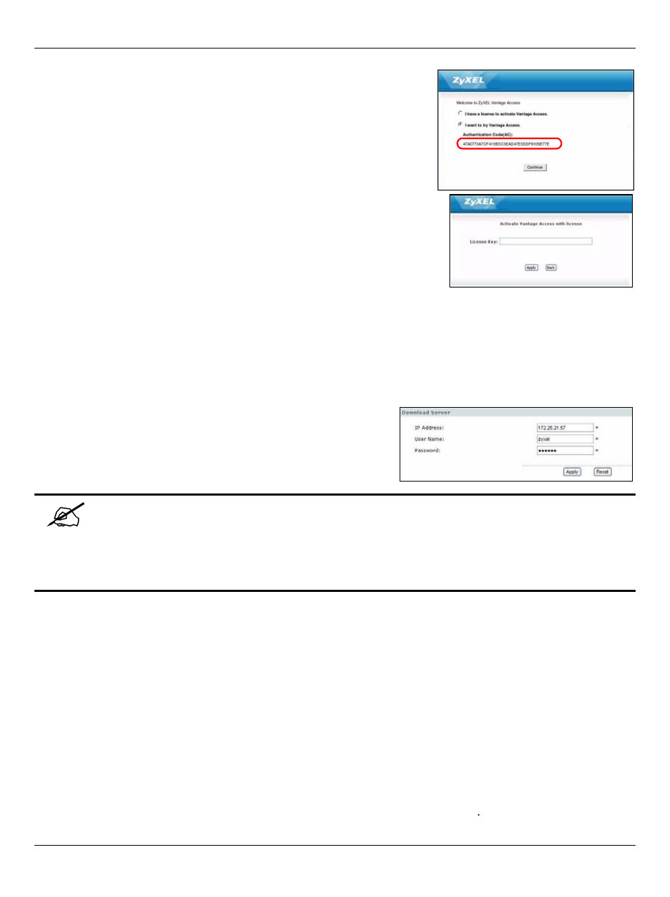 6 specifying a download server, 7 registering a device, Specifying a download server | Registering a device | ZyXEL Communications Auto Configuration Server Vantage Access User Manual | Page 12 / 16