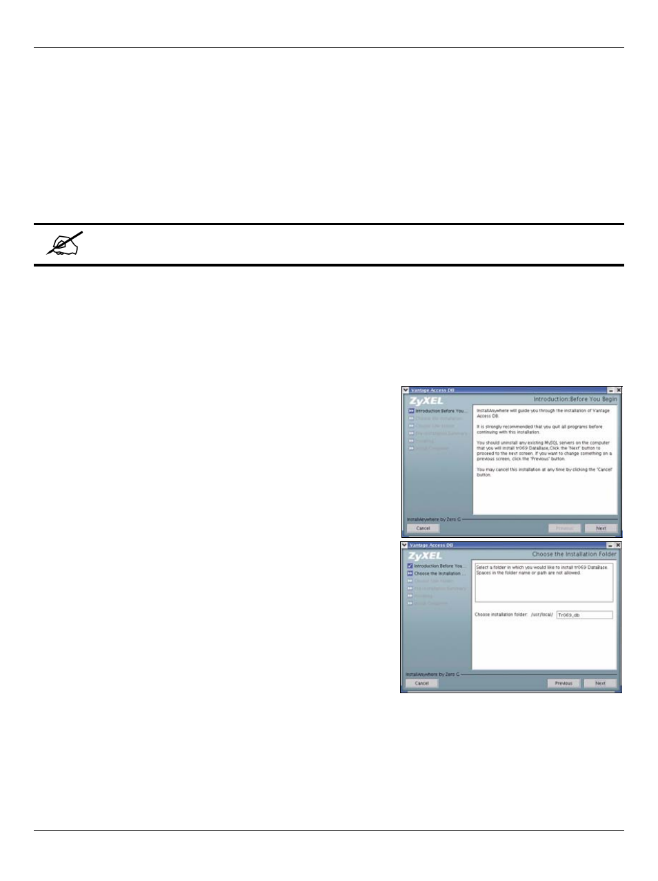 3 installation, 1 installing vantage access db, Installation | Installing vantage access db | ZyXEL Communications Auto Configuration Server Vantage Access User Manual | Page 4 / 16