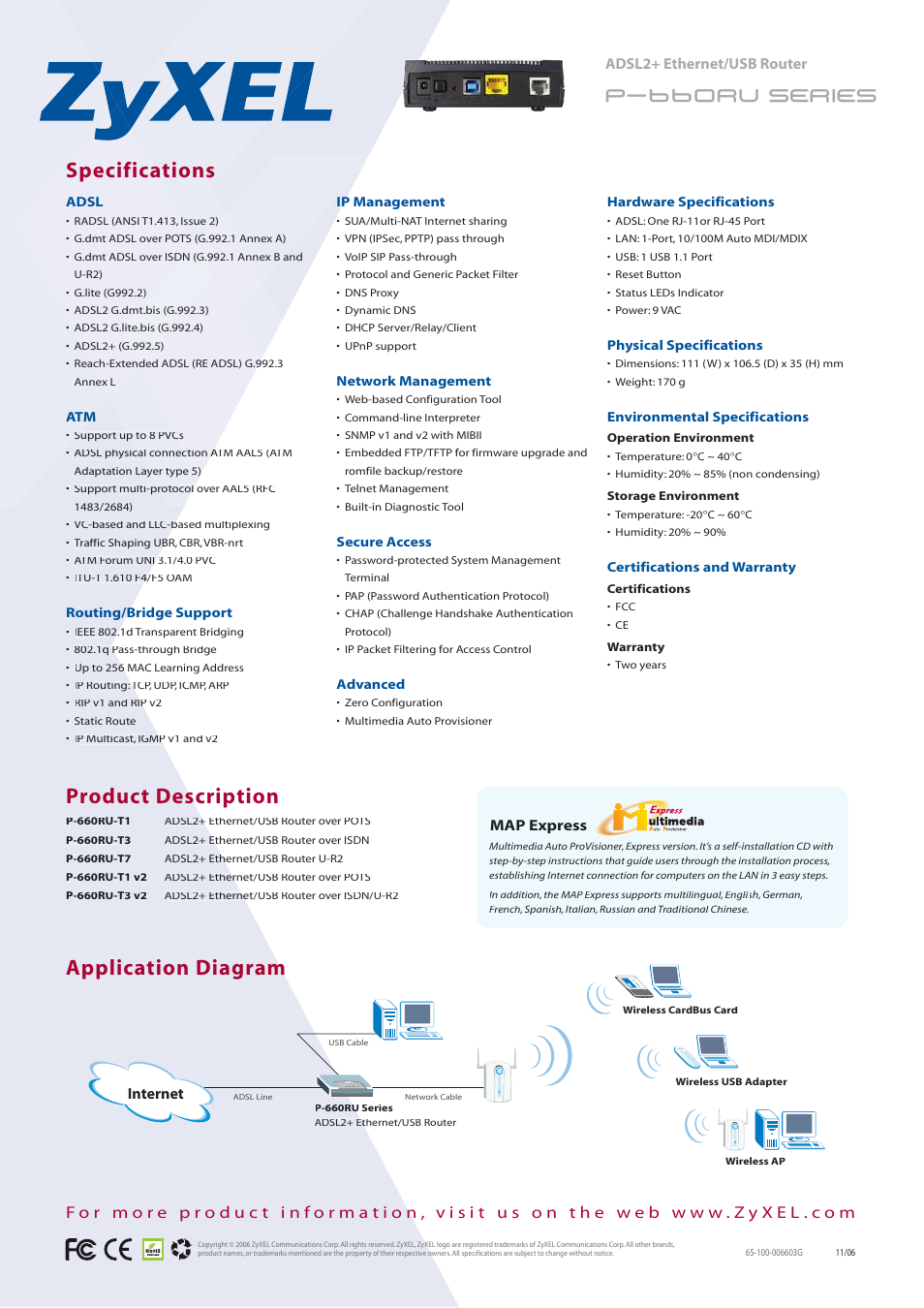 Specifications product description, Application diagram, Adsl2+ ethernet/usb router p-660ru series | Internet, Map express | ZyXEL Communications Multimedia P-660RU Series User Manual | Page 2 / 2