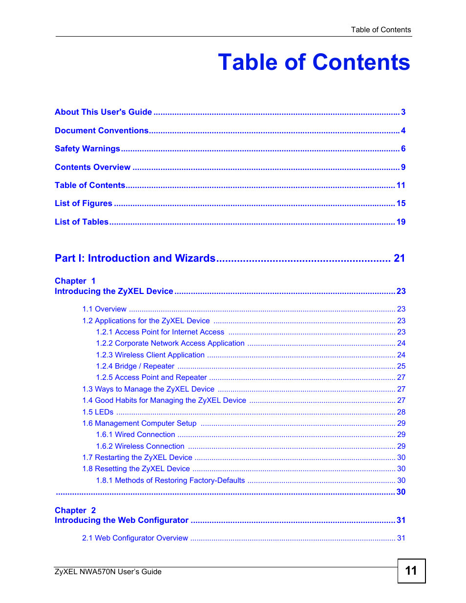 ZyXEL Communications NWA570N User Manual | Page 11 / 152
