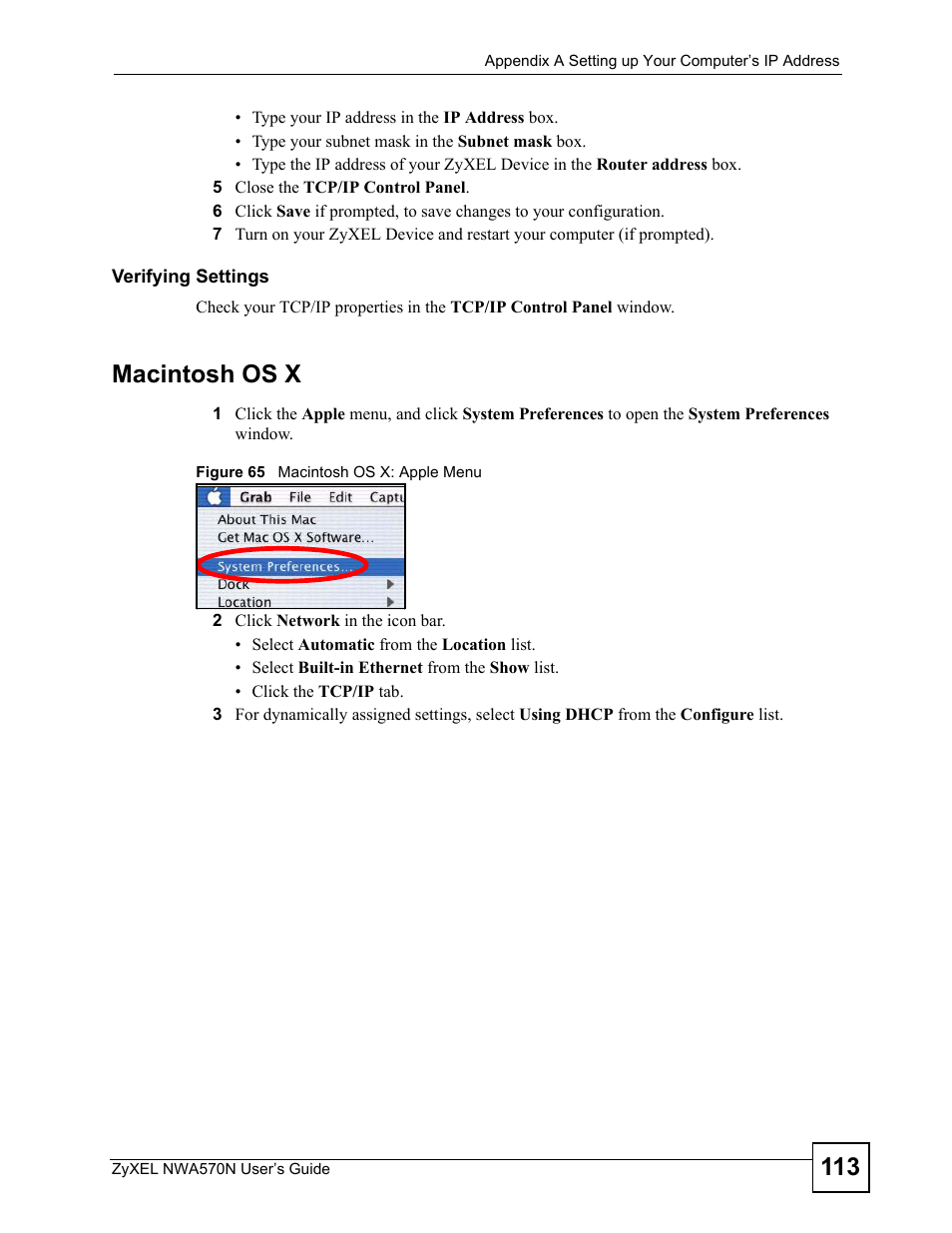 Figure 65 macintosh os x: apple menu, Macintosh os x | ZyXEL Communications NWA570N User Manual | Page 113 / 152