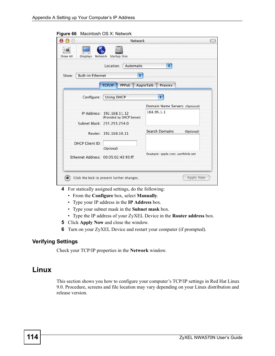 Figure 66 macintosh os x: network, Linux | ZyXEL Communications NWA570N User Manual | Page 114 / 152
