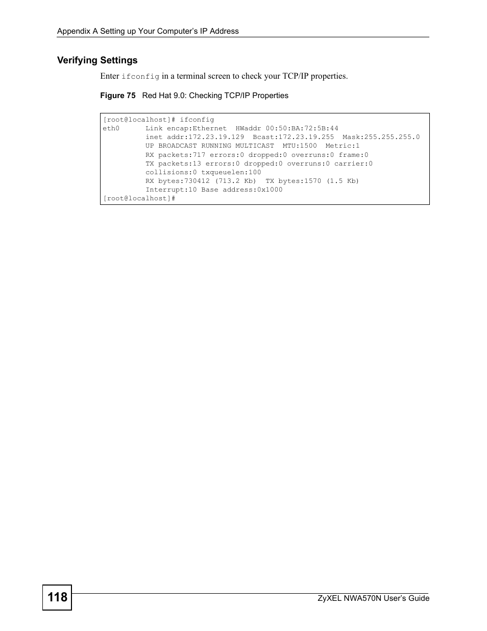 Figure 75 red hat 9.0: checking tcp/ip properties | ZyXEL Communications NWA570N User Manual | Page 118 / 152